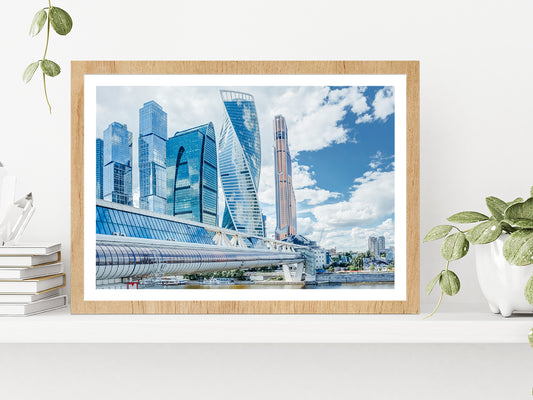 Mirror Skyscrapers In Moscow City Glass Framed Wall Art, Ready to Hang Quality Print With White Border Oak