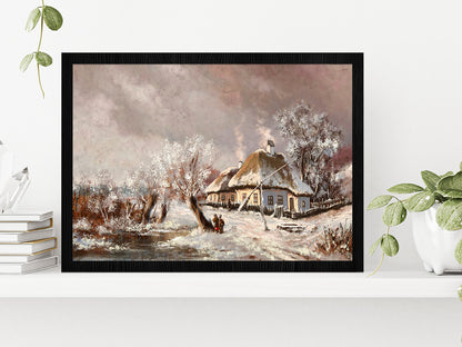 Rural Landscape Old Village, Old House In Winter Glass Framed Wall Art, Ready to Hang Quality Print Without White Border Black