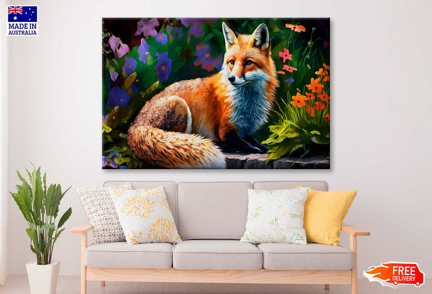 Fantastic Fox in Garden with Colorful Flowers Wall Art Limited Edition High Quality Print