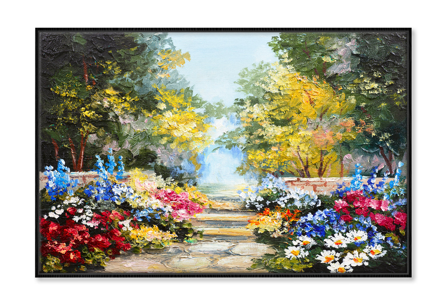 Colorful Summer Flowers with Trees Oil Painting Wall Art Limited Edition High Quality Print Canvas Box Framed Black