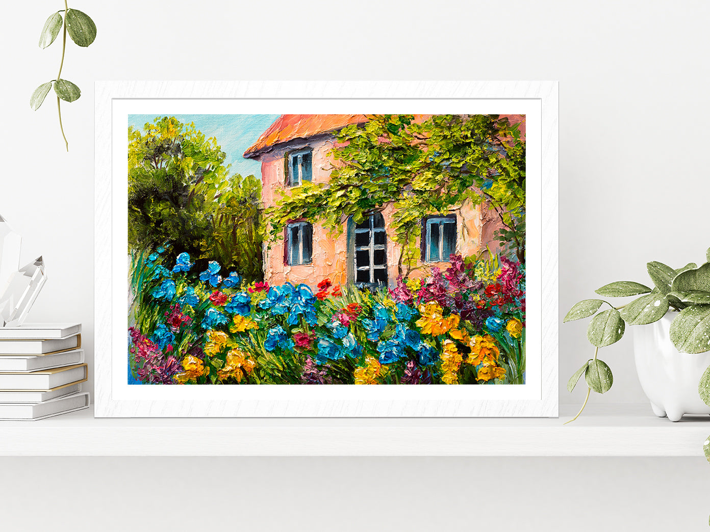 House In The Flower Garden Glass Framed Wall Art, Ready to Hang Quality Print With White Border White