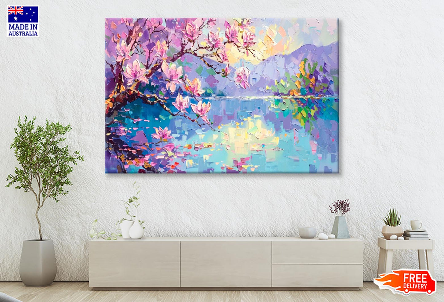 Watercolor Of Cherry Blossoms Landscape Wall Art Decor 100% Australian Made