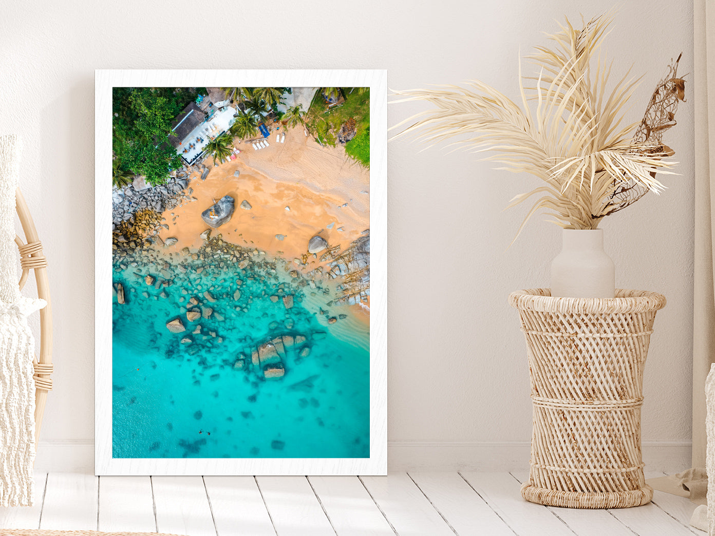 Nui hidden Beach Seashore Aerial Photograph Glass Framed Wall Art, Ready to Hang Quality Print Without White Border White