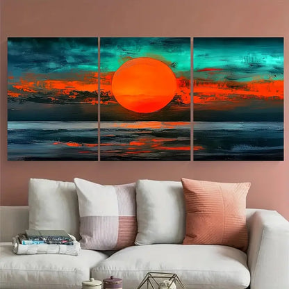 3pcs Bold Sunset Ocean Seascape Orange Metal Print Ready to Hang Art