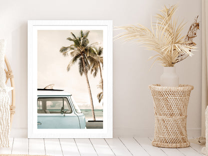 Van near Palm Beach Faded Photograph Glass Framed Wall Art, Ready to Hang Quality Print With White Border White