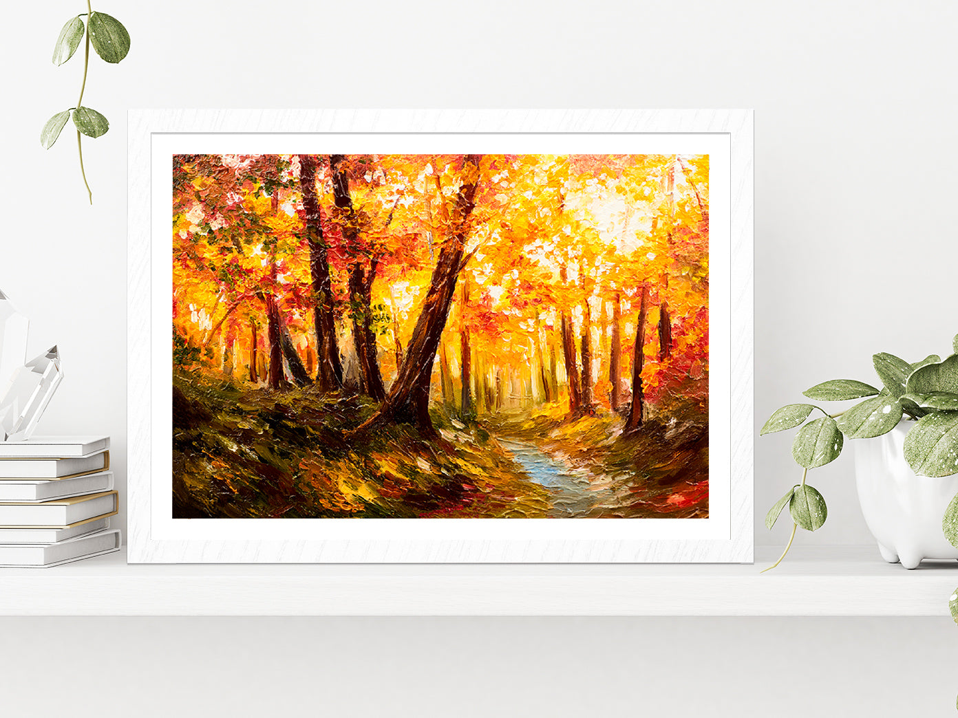 Autumn Forest Oil Painting Glass Framed Wall Art, Ready to Hang Quality Print With White Border White