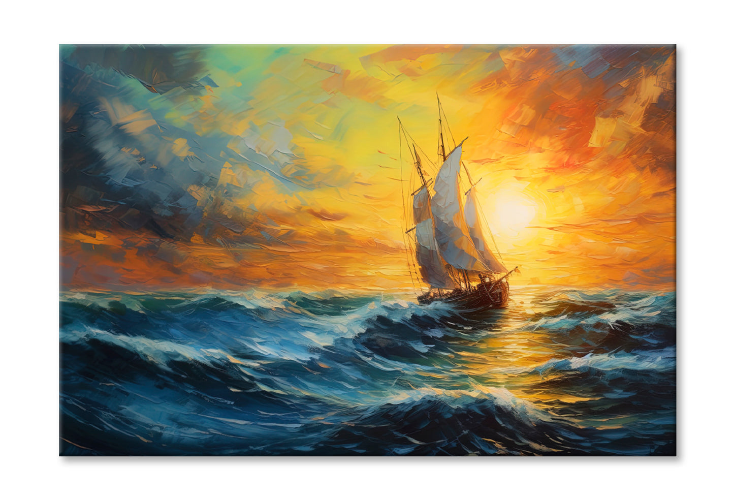 Sailboat Boat at Sunset on the Ocean Oil Painting Wall Art Limited Edition High Quality Print Stretched Canvas None