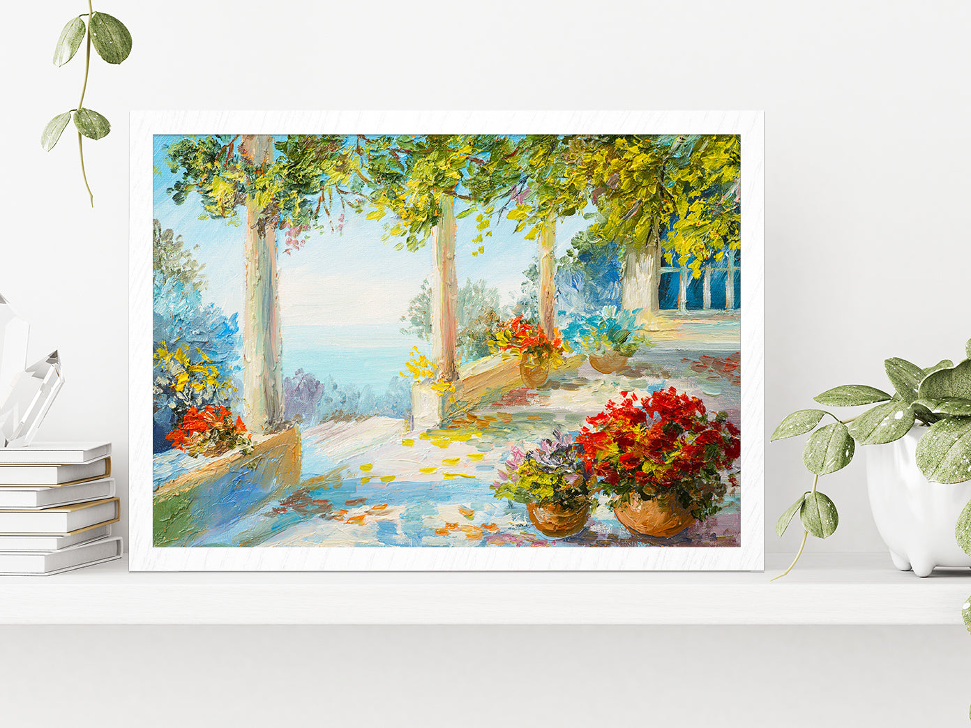 Flower Vase In Terrace & Near The Sea Glass Framed Wall Art, Ready to Hang Quality Print Without White Border White