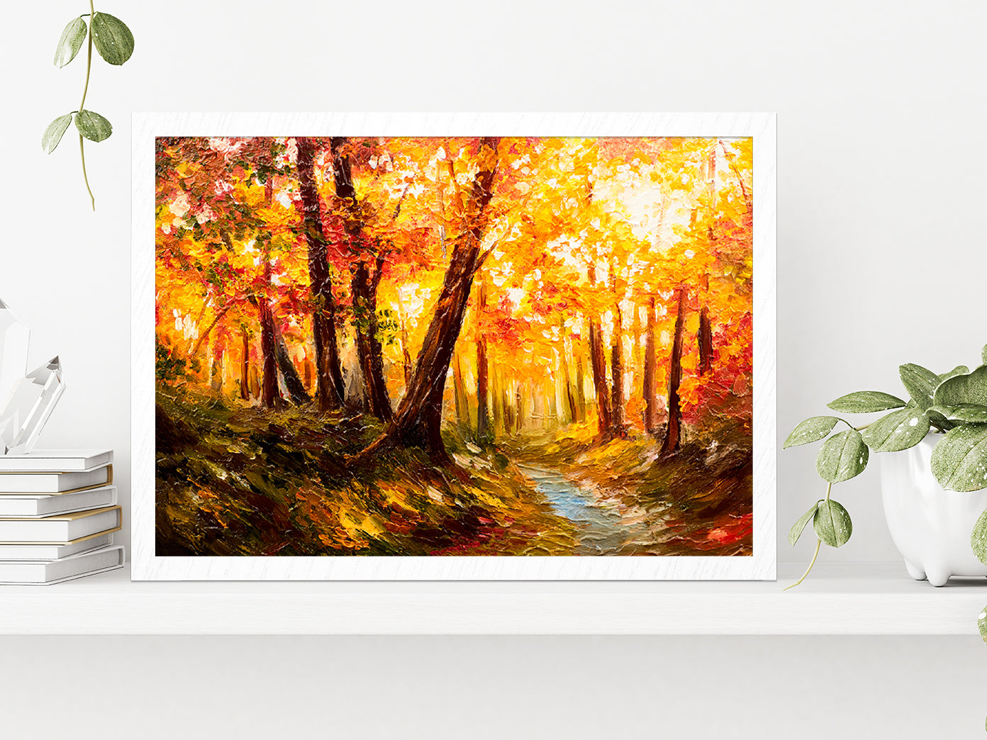 Autumn Forest Oil Painting Glass Framed Wall Art, Ready to Hang Quality Print Without White Border White