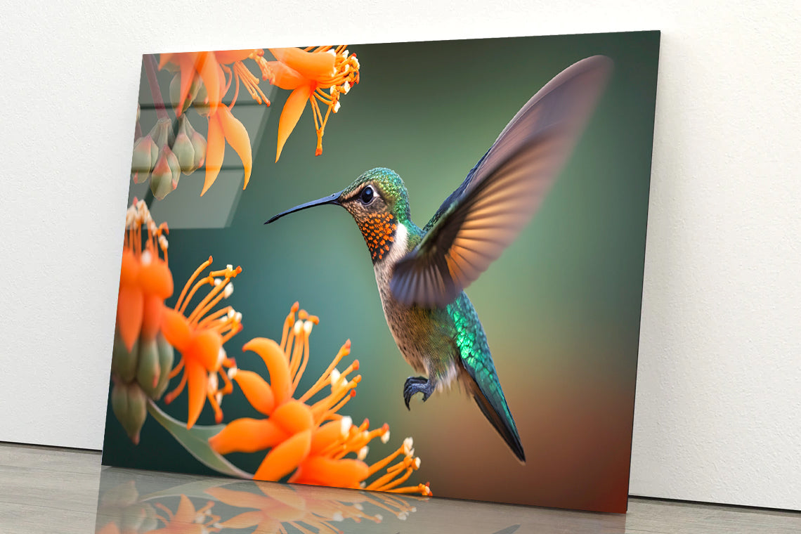 Hummingbird Flies over a Bright Flower Acrylic Glass Print Tempered Glass Wall Art 100% Made in Australia Ready to Hang