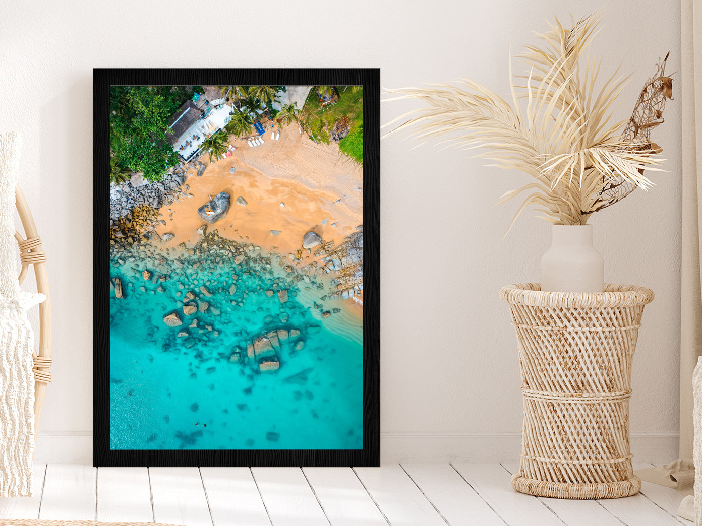 Nui hidden Beach Seashore Aerial Photograph Glass Framed Wall Art, Ready to Hang Quality Print Without White Border Black