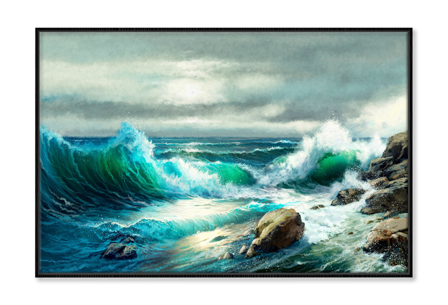 Sea Waves Crashing on Rocks Oil Painting Wall Art Limited Edition High Quality Print Canvas Box Framed Black