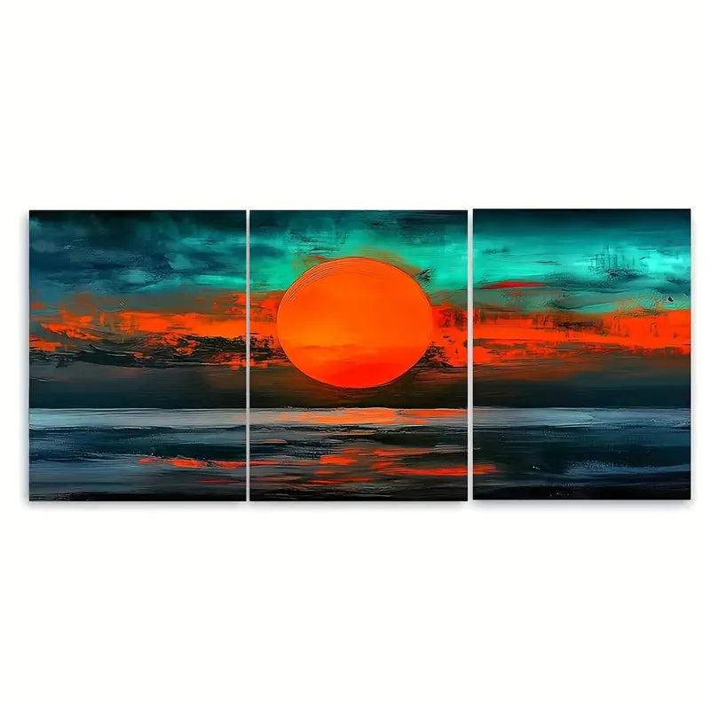3pcs Bold Sunset Ocean Seascape Orange Metal Print Ready to Hang Art