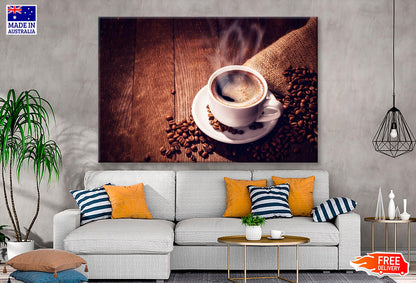 Cup Of Coffee with Steam Rising Out of It Wall Art Decor 100% Australian Made