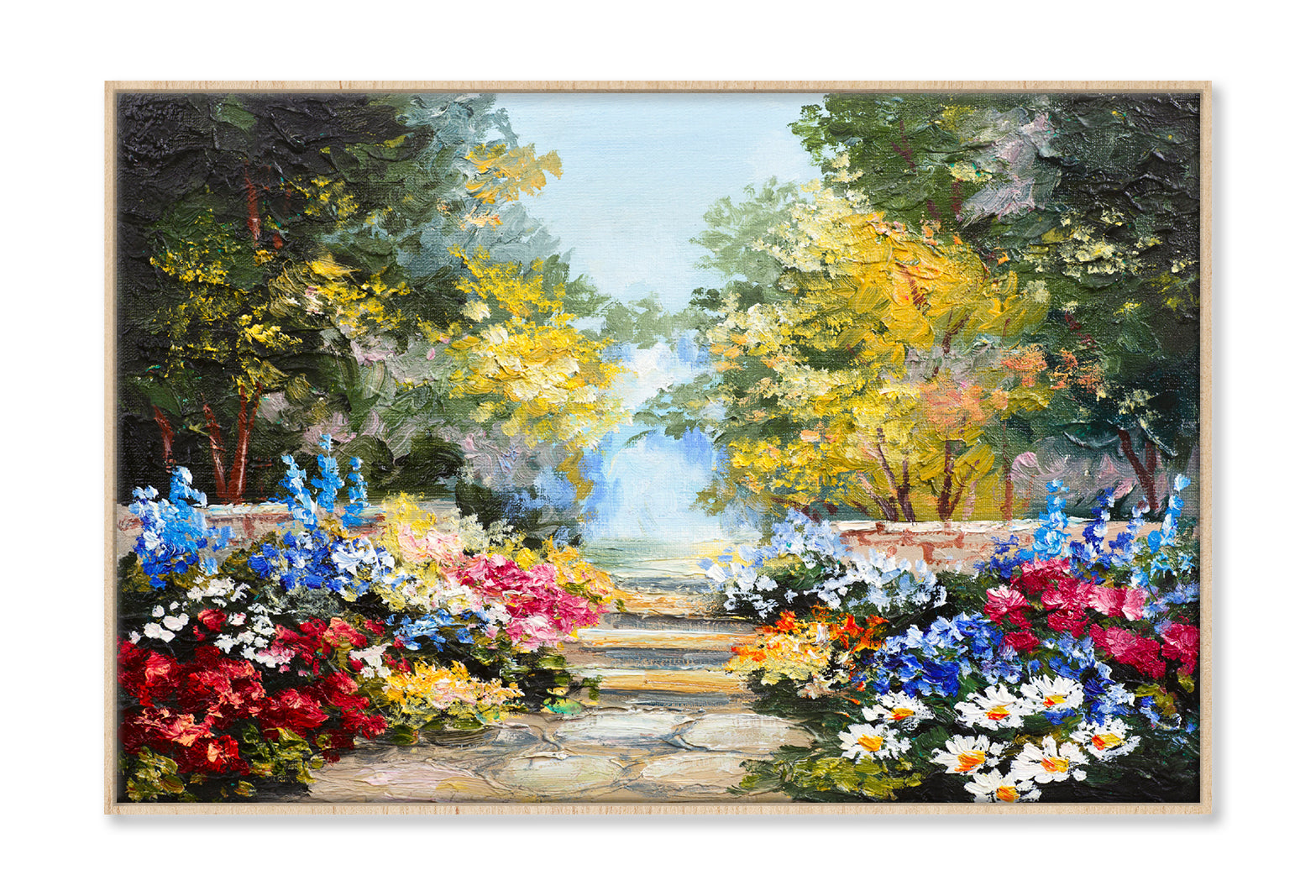 Colorful Summer Flowers with Trees Oil Painting Wall Art Limited Edition High Quality Print Canvas Box Framed Natural