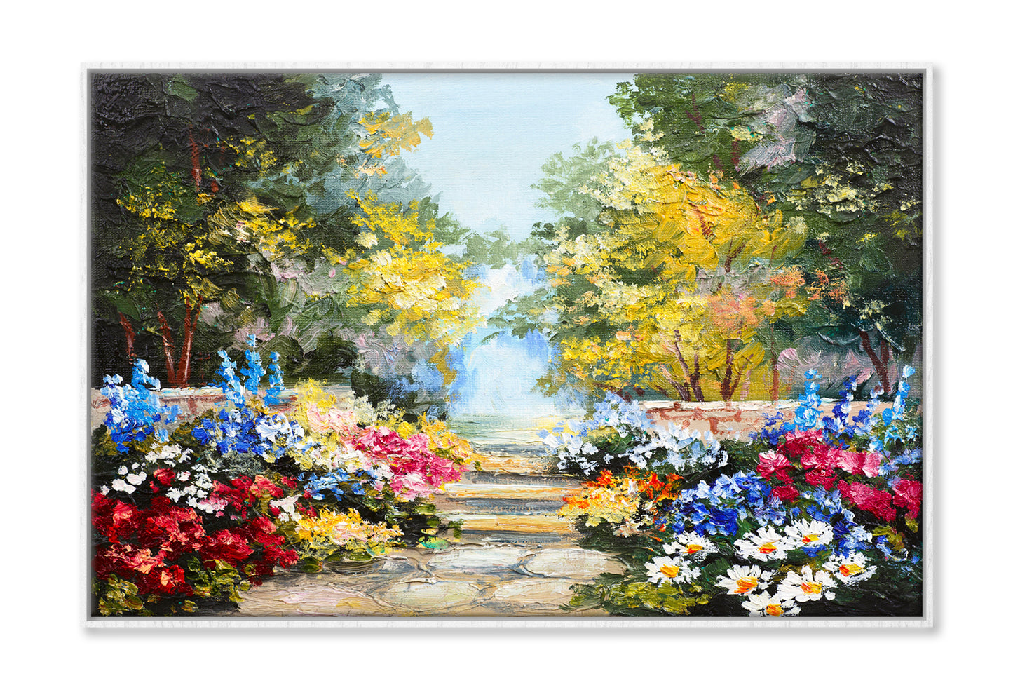 Colorful Summer Flowers with Trees Oil Painting Wall Art Limited Edition High Quality Print Canvas Box Framed White