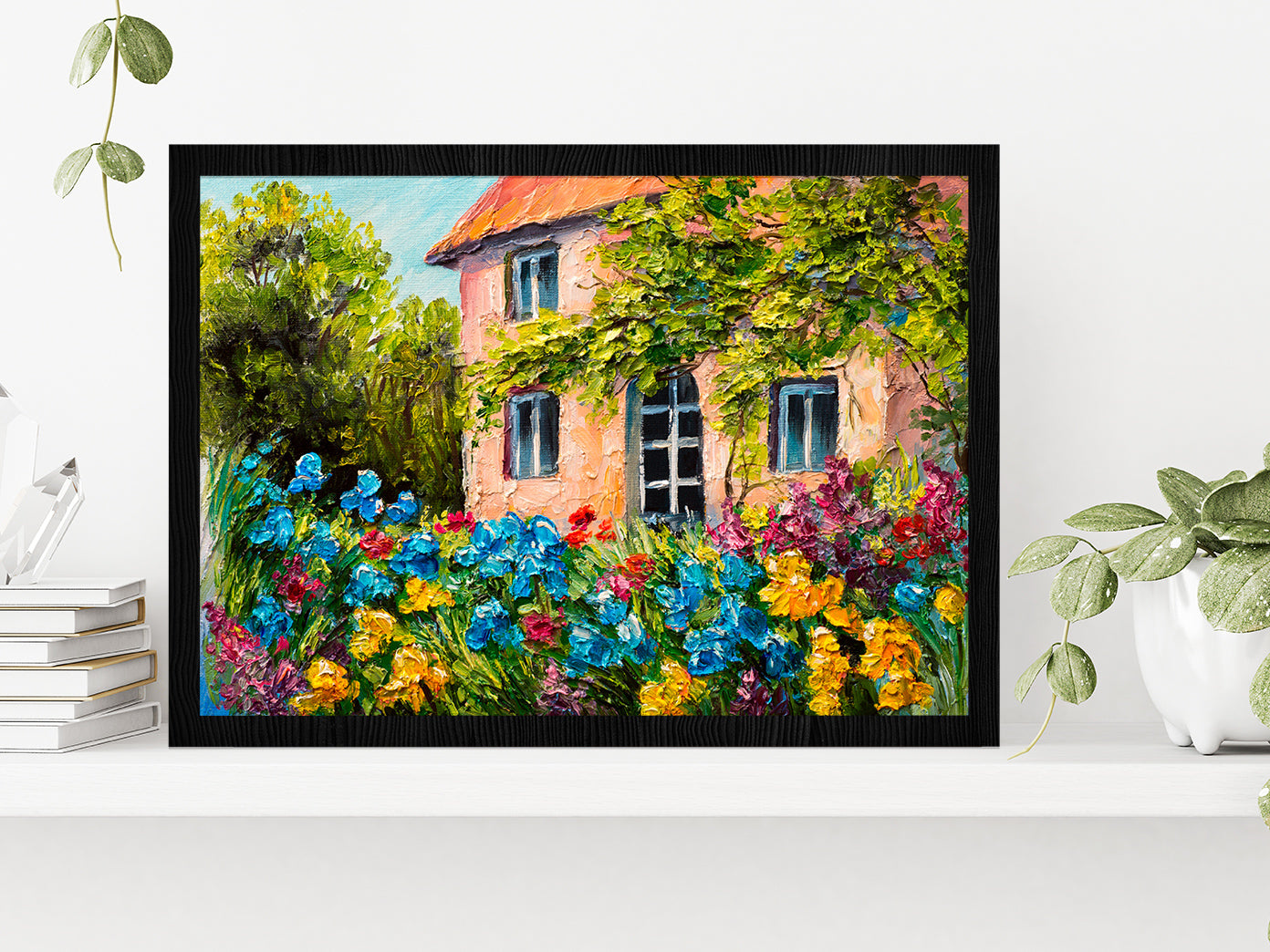 House In The Flower Garden Glass Framed Wall Art, Ready to Hang Quality Print Without White Border Black