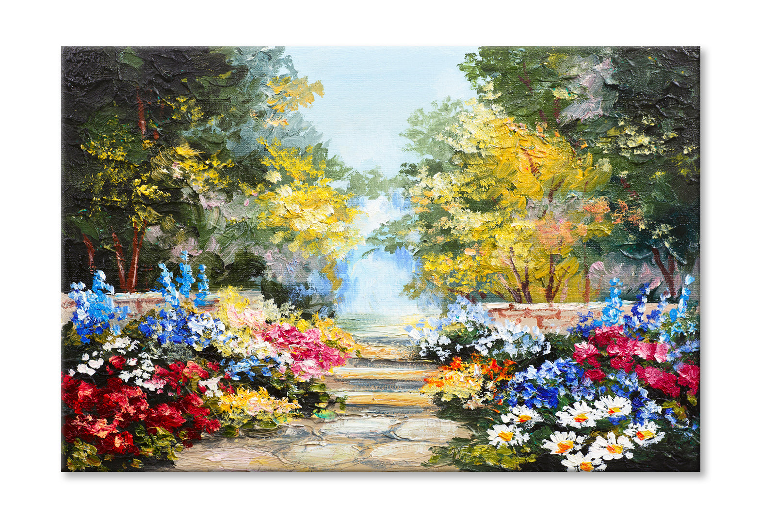 Colorful Summer Flowers with Trees Oil Painting Wall Art Limited Edition High Quality Print Stretched Canvas None