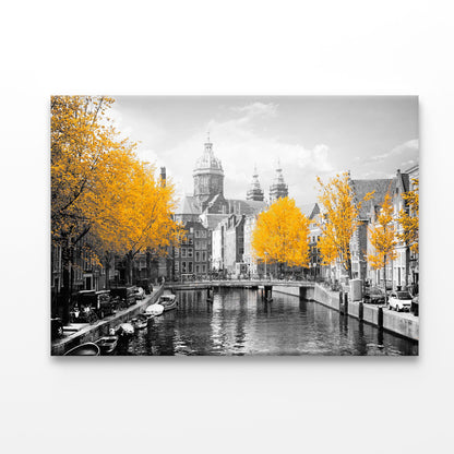 B&W Old Town Canal in Amsterdam Acrylic Glass Print Tempered Glass Wall Art 100% Made in Australia Ready to Hang