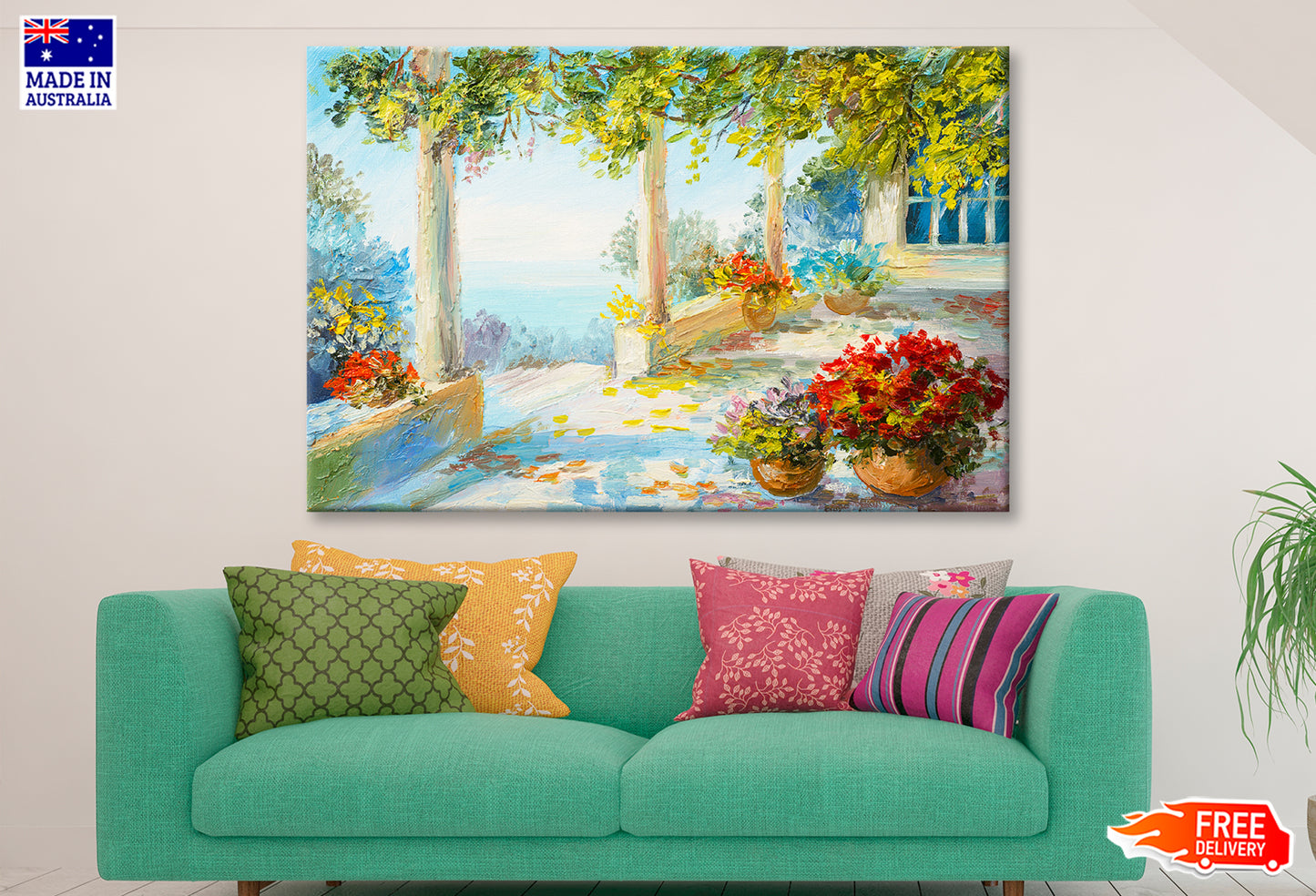 Flower Vase In Terrace & Near The Sea Oil Painting Wall Art Limited Edition High Quality Print