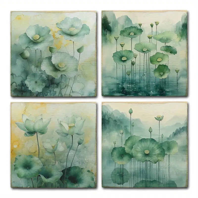 4pcs Lotus Green Leaves Wall Art Canvas Framed