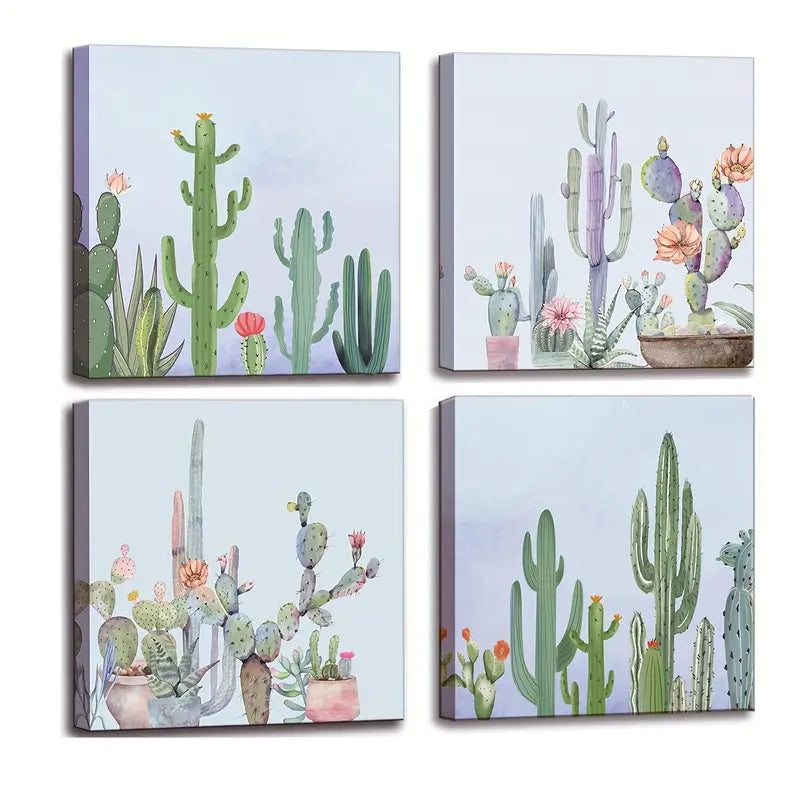 4pcs Green Cactus  Wall Art Canvas Framed
