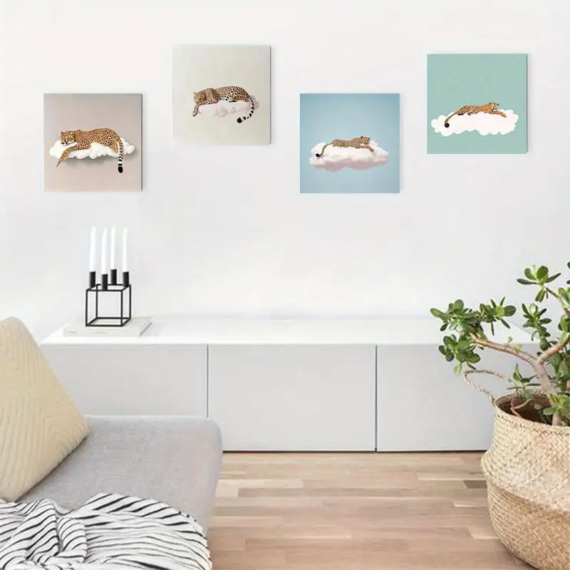 4pcs Chic Pink Leopard Petals Picture Artwork L    Wall Art Canvas Framed