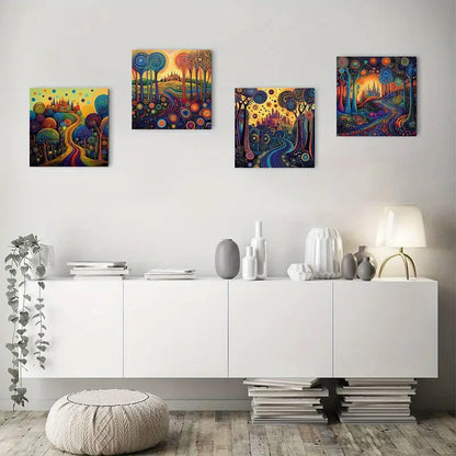 4pcs Enchanting Sunset Journey Tree Wall Art Canvas Framed