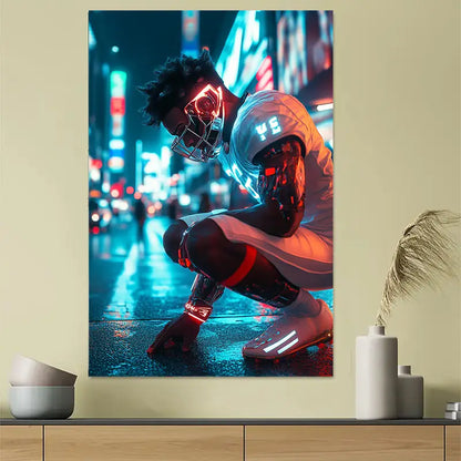 Cyberpunk Football Player Neon Art Poster 40x60cm Metal Print Ready to Hang
