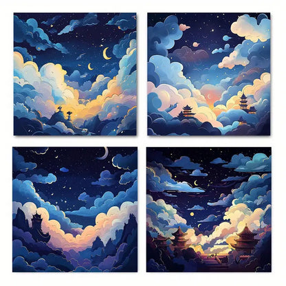 4pcs Blue Clouds & Moonlit Nightscapes  Wall Art Canvas Framed