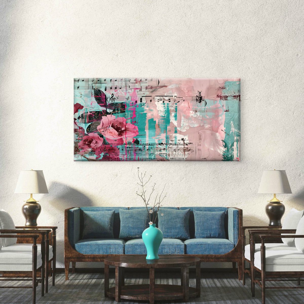 Pink Teal Sheet Music Floral Wall Art Canvas Office Home Room Framed 120x60cm