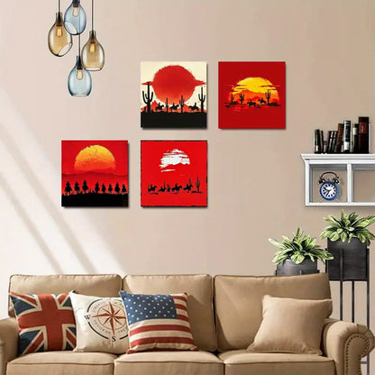 4pcs Red Sunset Cowboy Western WC    Wall Art Canvas Framed