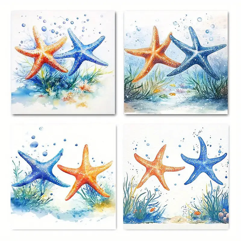 4pcs Blue Ocean Starfish  Wall Art Canvas Framed