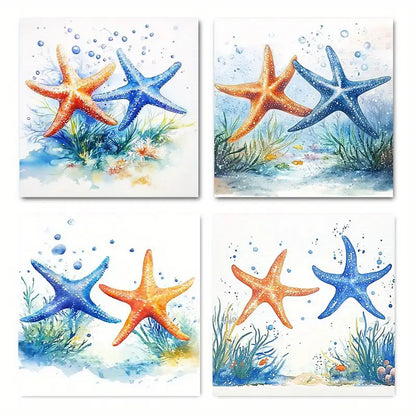 4pcs Blue Ocean Starfish  Wall Art Canvas Framed