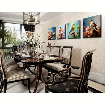 4pcs Colorful Birds With Flowers Wall Art Canvas Framed