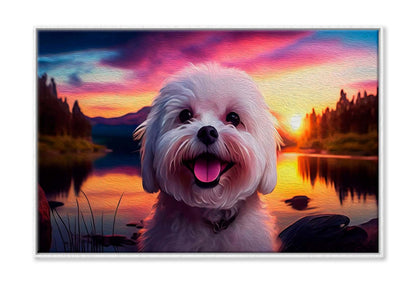 Cute Puppy Smiling, On Sunset, With A Beautiful Lake Wall Art Limited Edition High Quality Print