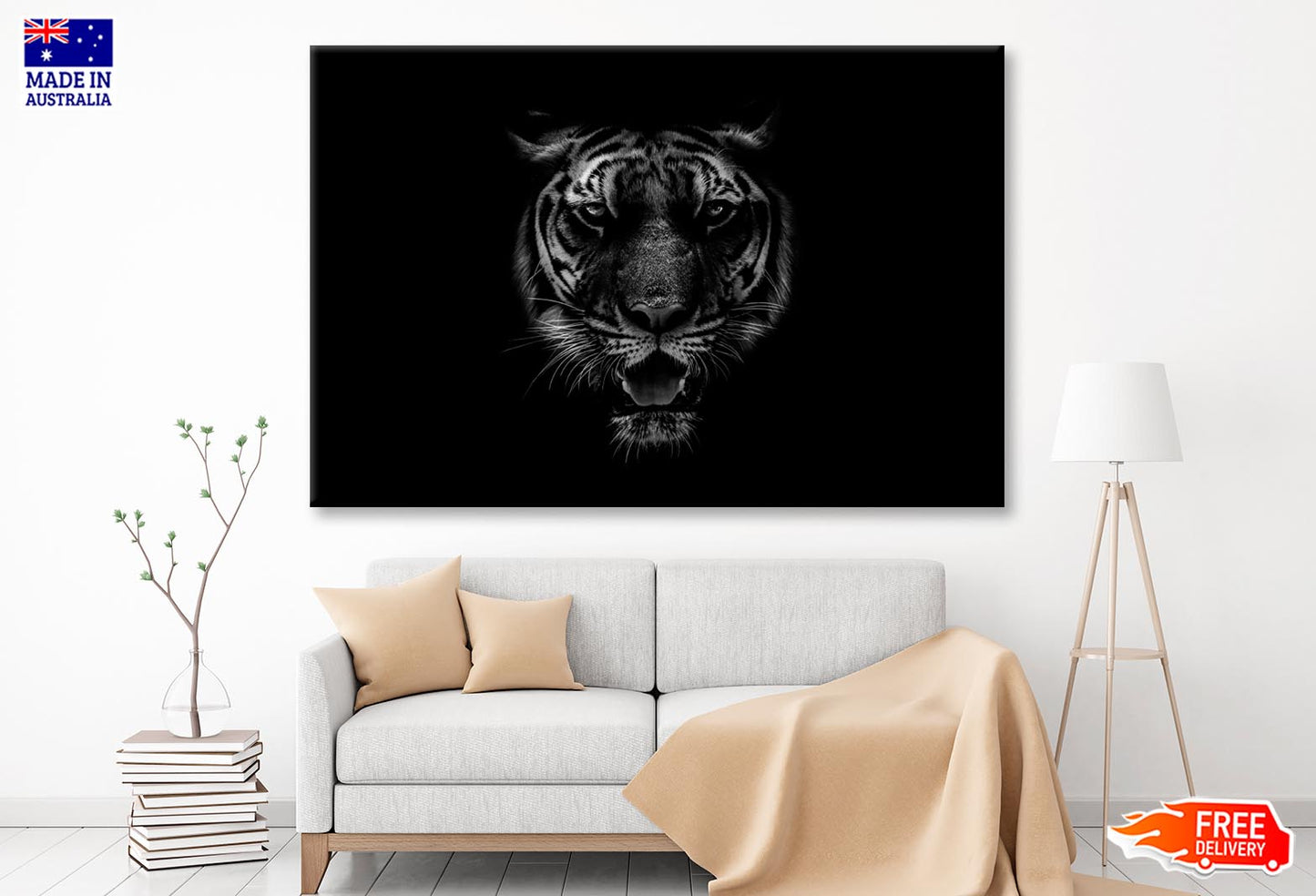 Black & White Beautiful Tiger on Black Wall Art Decor 100% Australian Made