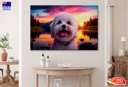 Cute Puppy Smiling, On Sunset, With A Beautiful Lake Wall Art Limited Edition High Quality Print