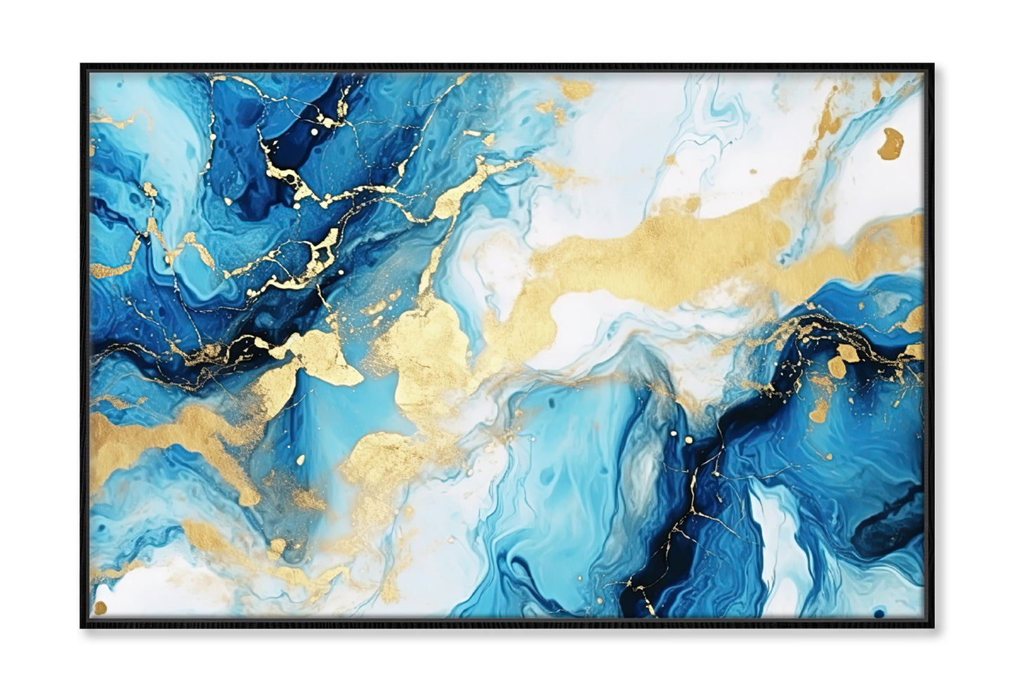 Blue & Gold Splash Abstract Marble Painting Wall Art Limited Edition High Quality Print Canvas Box Framed Black