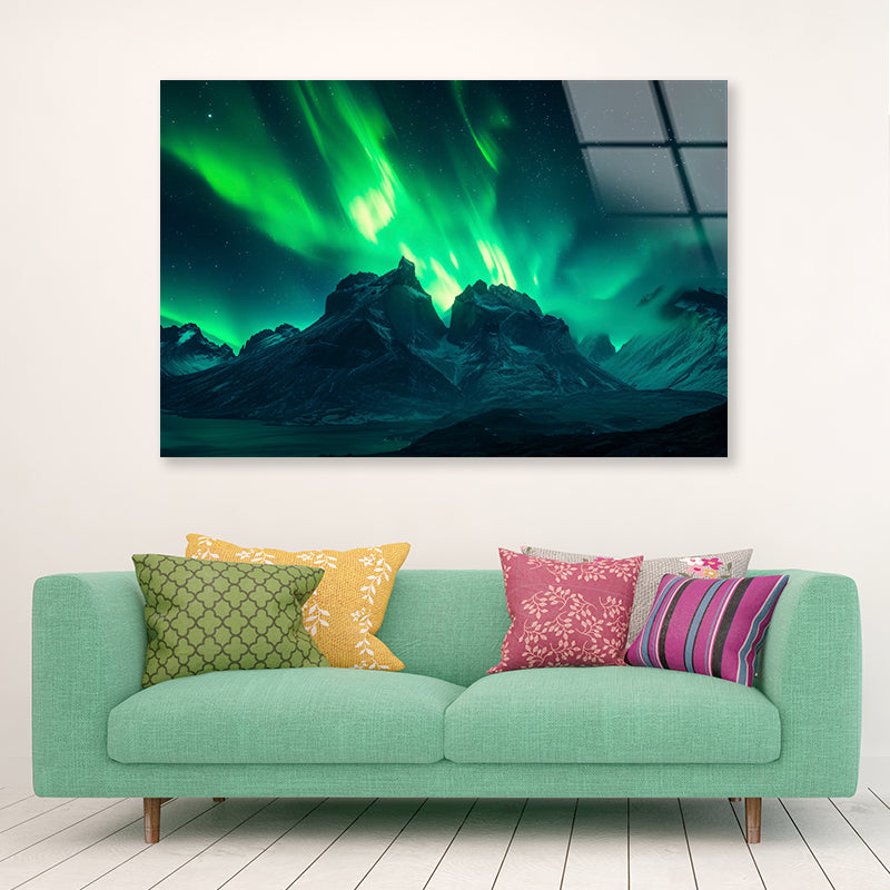 Green Northern Lights over the Mountains Acrylic Glass Print Tempered Glass Wall Art 100% Made in Australia Ready to Hang