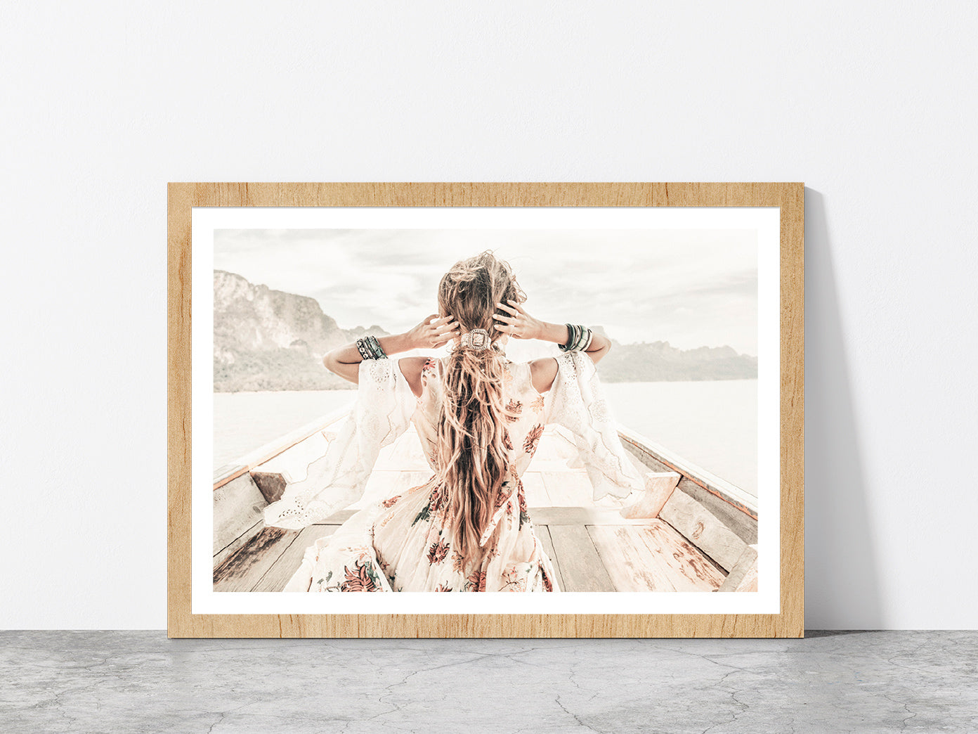 Fashion Girl in Boat Faded Photograph Glass Framed Wall Art, Ready to Hang Quality Print With White Border Oak