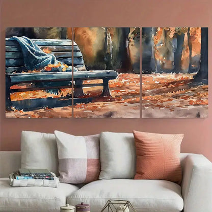 3pcs Peaceful Park Bench with Blanket Metal Print Ready to Hang Art