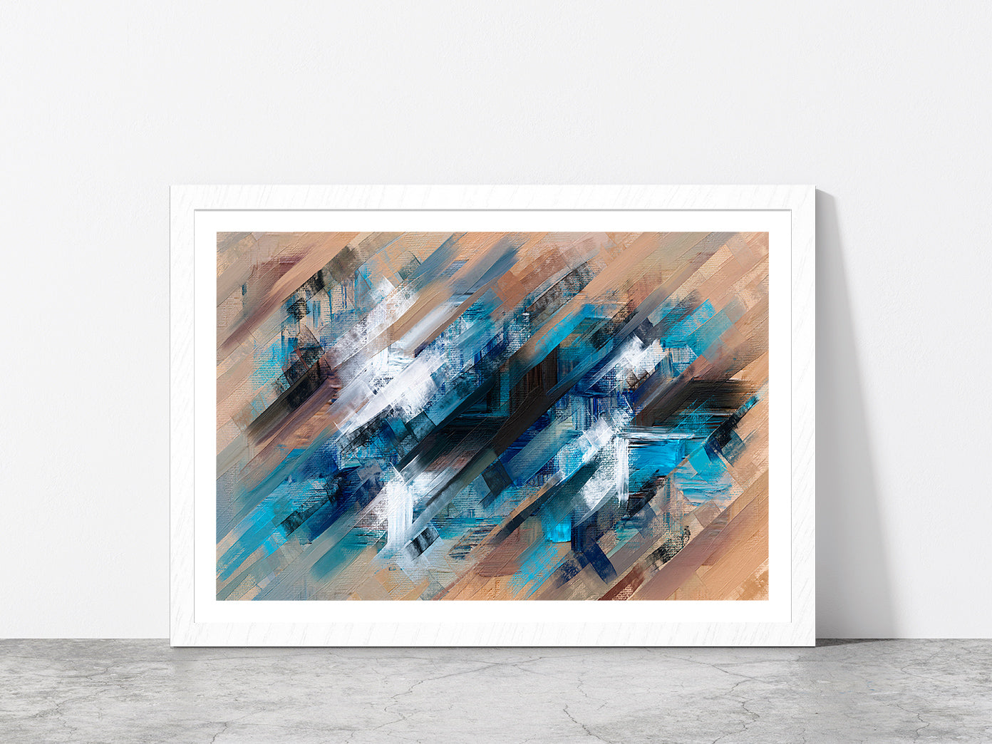 Abstract Diagonal Paint Strokes Glass Framed Wall Art, Ready to Hang Quality Print With White Border White