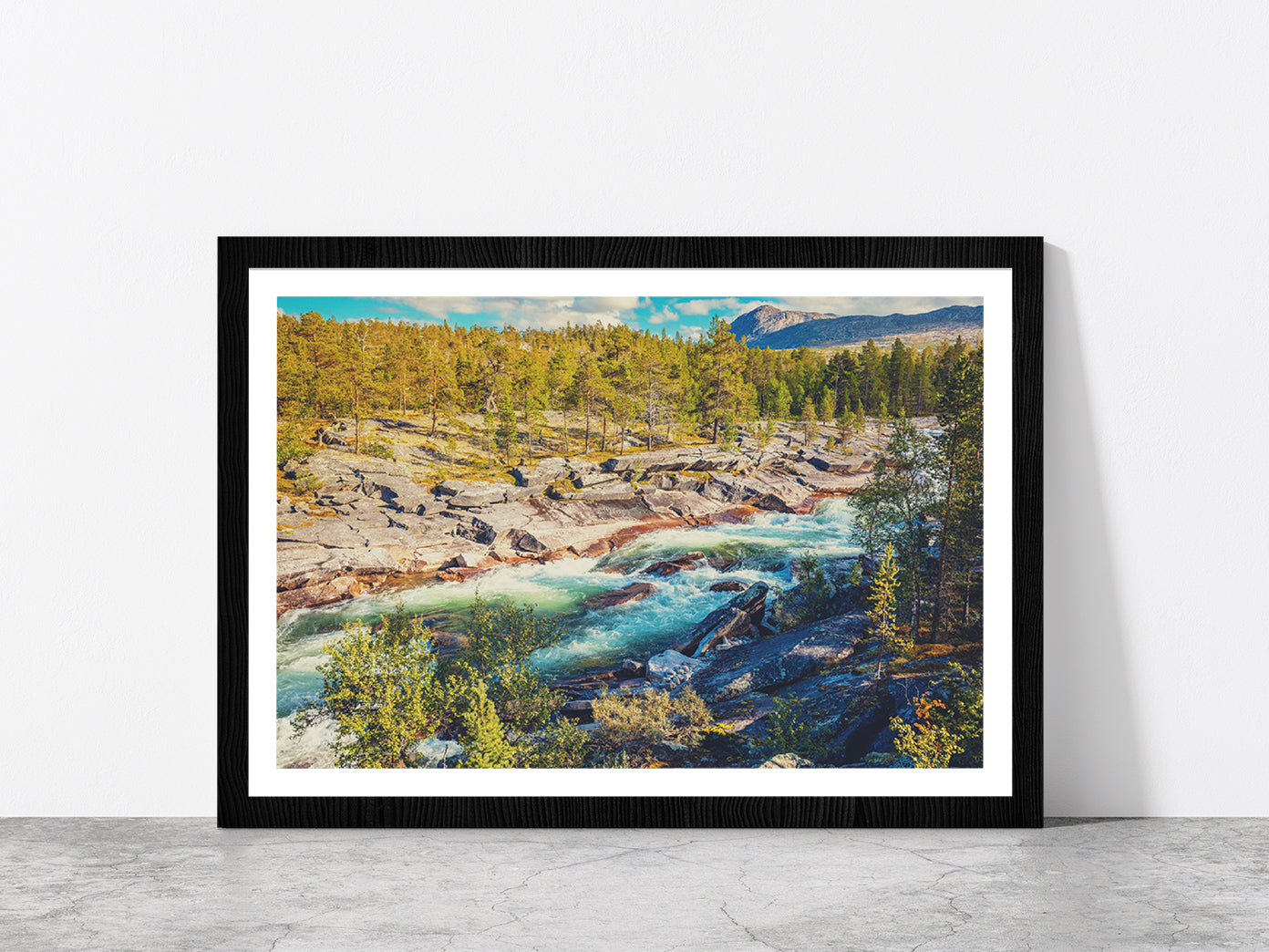 Mountain River & Forest In Norway Glass Framed Wall Art, Ready to Hang Quality Print With White Border Black