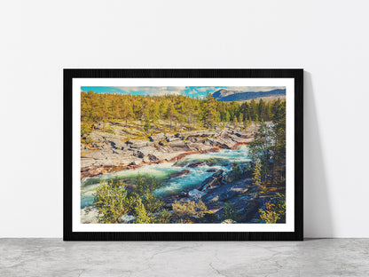Mountain River & Forest In Norway Glass Framed Wall Art, Ready to Hang Quality Print With White Border Black