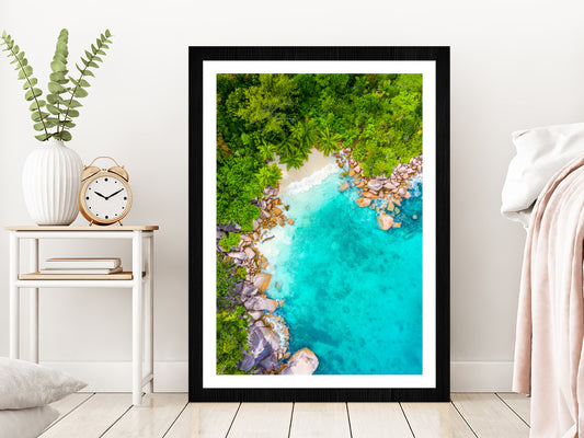 Rocks & Trees near Anse Lazio Beach Aerial Photograph Glass Framed Wall Art, Ready to Hang Quality Print With White Border Black