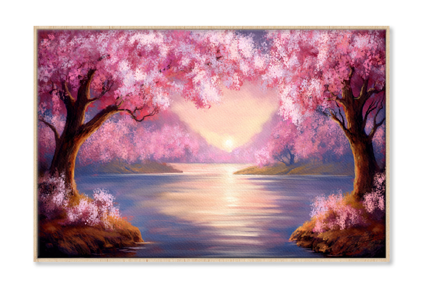 Pink Sakura Trees & Sunset over the River Painting Wall Art Limited Edition High Quality Print Canvas Box Framed Natural