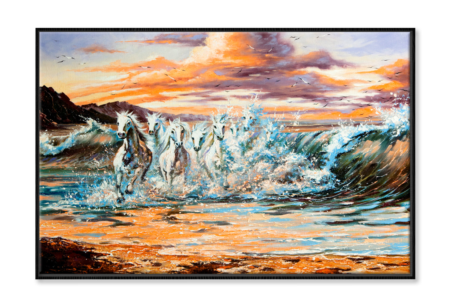 The Horses Running From Waves Oil Painting Wall Art Limited Edition High Quality Print Canvas Box Framed Black