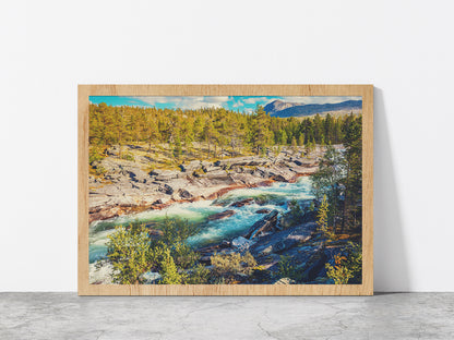Mountain River & Forest In Norway Glass Framed Wall Art, Ready to Hang Quality Print Without White Border Oak