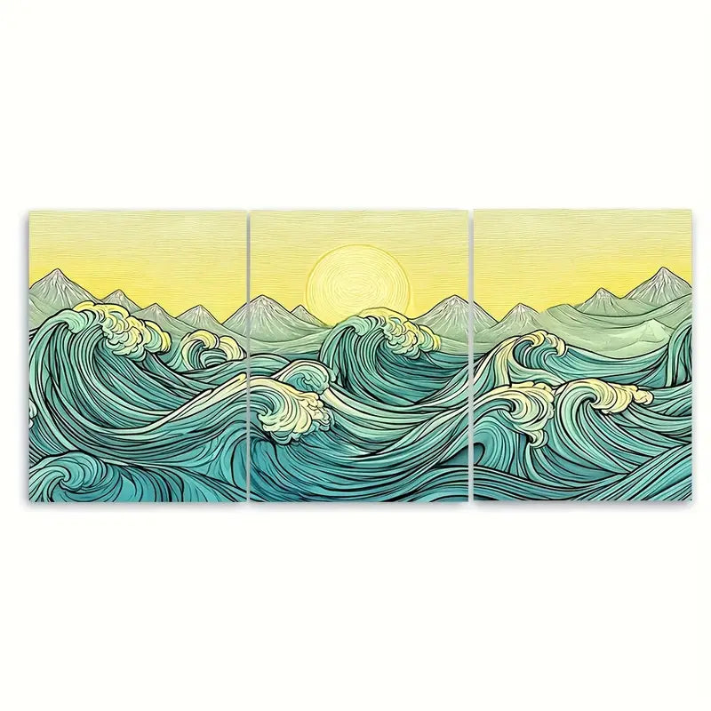 3pcs Japanese Sunrise Mountain Wave Metal Print Ready to Hang Art